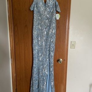 Light blue, slit, off the shoulder dress